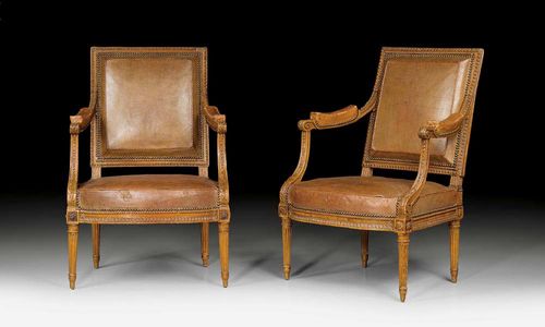 PAIR OF FAUTEUILS "A LA REINE", Louis XVI, stamped G. IACOB (Georges Jacob, maitre 1765), Paris circa 1780. Fluted and finely carved beech frames with rosettes, leaves and beading. Brown leather covers with decorative nail work. 66x51x44x90 cm. Provenance: - formerly collection of Quirinale, Rome. - from an important Paris collection. Highly important pair in unrestored condition.