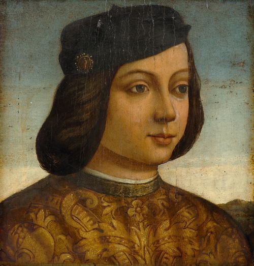 ITALY, 16TH CENTURY Portrait of a young man. Oil on panel. 41.9 x 38 cm. Provenance: -  W. Schürch studio, Bern, 1952. - Acquired at the above studio and since then in a Swiss private collection