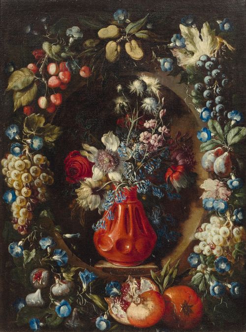 Circle of REALFONSO, TOMMASO called MASILLO (circa 1677 Naples after 1743) Still life with flowers in a red vase and garland. Oil on canvas. Monogram centre bottom in a niche T.R.L. 59.5 x 43.8 cm. Provenance: Galerie Bruno Meissner, Zurich (label verso).