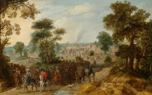 Circle of SNAYERS, PIETER (Antwerp 1592 - 1667 Brussels) Landscape with noblemen on horseback. Oil on canvas. Monogrammed lower right: PS. 66.5 x 108.5 cm.