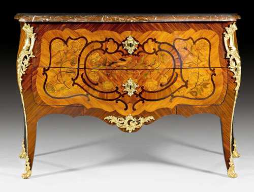 COMMODE "A FLEURS", Louis XV, stamped A. DELORME (Adrien Delorme, maitre 1748), Paris circa 1760. Tulipwood and rosewood in veneer, inlaid with partly dyed fruitwoods. 2 frontal sans traverse drawers. Matte and polished gilt bronze mounts and sabots, some of which replaced. Shaped red/grey speckled marble top. 128x60x85 cm. A fine chest of drawers in very good restored condition with marquetry typical of A. Delorme