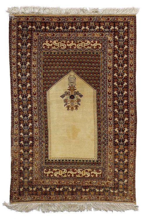 KAYSERI silk, prayer, antique.Yellow mihrab with dark spandrels, decorated with small flowers, triple stepped border with stylized flowers, good condition, 162x113 cm.