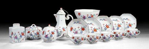COFFEE AND TEA SET WITH KAKIEMON DECORATION, Meissen, circa 1725-30.As a travel service with matching wooden box. Octagonal forms painted with Indianische Blumen in Kakiemon style. Comprising: coffee pot and lid, teapot and lid, a bowl, a tea caddy and lid, a sugar bowl and lid and six double-handled cups and saucers. Underglaze blue sword marks, two saucers with sword mark  overglaze, potter's mark for  Andreas Schiefer and Johann Martin Kittel. Some damage on the coffee pot spout, one saucer, edge of the sugar bowl, one small hair crack, further minor chips, one saucer broken.