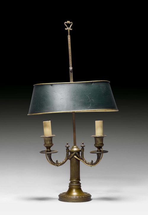 FROM THE DE AMODIO COLLECTION: BOUILLOTTE LAMP, late Louis XVI, Paris, 19th century. Bronze and painted metal. Fluted shaft with 2 curved light branches. Vase-shaped nozzles and round drip pans. Dark green, painted light shade, height-adjustable. Fitted for electricity. H 59 cm.
