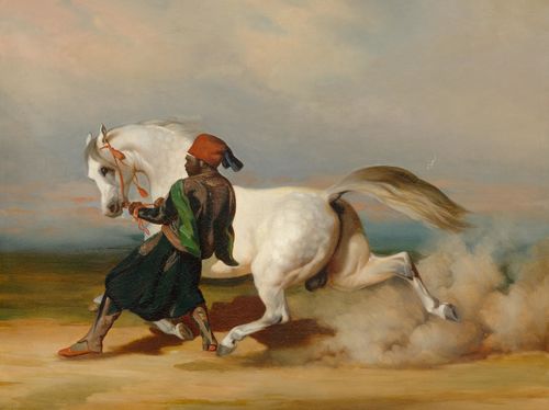 Attributed to VERNET, HORACE (1789 Paris 1863) White horse and rider in the desert. Oil on canvas. 60 x 74 cm.