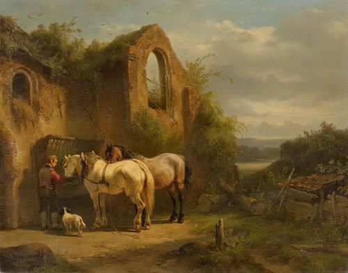 VERSCHUUR, WOUTERUS (1812 Amsterdam 1874) Horses in a landscape with ruins. Oil on panel. Signed lower left: W. Verschuur. f. 24 x 30.7 cm. Provenance: Swiss private collection. Das RKD, The Hague, has confirmed the authenticity of this work on the basis of a photograph.