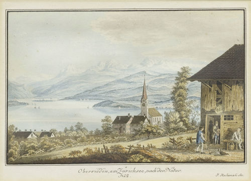 ASCHMANN, JOHANN JAKOB (1747 Thalwil 1809).Lot of 2 sheets: 1.Tischeloo am Zürichsee nach der Natur No. 1. Outline etching with original colours, 14 x 21 cm. Engraved title, numbered and signed in the lower margin: J.Aschman fec.. Framed. 2. Oberrieden, am Zürichsee, nach der Natur No.2.. Outline etching with original colours, 14.1 x 22 cm. Engraved title, numbered and signed in the lower margin: J.Aschman fec.. Framed. - Both sheets somewhat browned and with some foxing. Overall, in good condition.