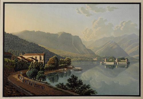 LAGO MAGGIORE.-Lot of two views: 1. C. Rordorf after Johann Jakob Wetzel (1781-1834). Luvino. Aqua tint etching with original colours, 19.5 x 27.5 cm. From: Les Lacs de la Suisse, Zürich, Orell Füssli, 1827. - With full, somewhat browned margins. Fresh colours and in good condition. 2. After Gabriel Lory fils. View from Stresa to the Borromean Islands. Aqua tint etching with original colours, 19.5 x 28.5 cm. Edging in black pen. - With a small margin around the edging. The image in good condition.