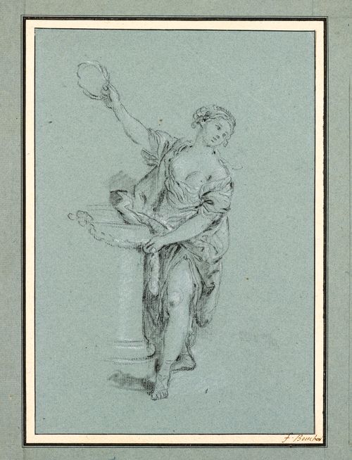 From the workshop of BOUCHER, FRANCOIS (1703 Paris 1770).Young woman with a laurel wreath at a sacrificial altar. Black chalk, heightened in white. On blue wove paper, 29 x 19.8 cm. Edging in black pen. Inscribed in brown pen on the bottom right of the mounting: F.Boucher.
