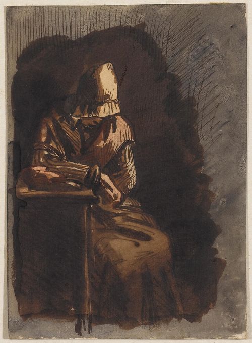 CHATILLON, AUGUSTE DE (1808 Paris 1881).Lot of 5 drawings: 1. Portrait of a woman with a bonnet. Brown pen, watercolour, 9.2 x 9.2 cm. Signed and dated: 1845; 2. Women at a well. Pen and brush in brown, watercolour, 13 x 11.2 cm. Inscribed below the image: la fontaine; 3. Three women conversing. Brown pen, red chalk, watercolour, 14.3 x 11.2 cm. Signed and dated below the image: 1866; 4. Woman with sacrificial bowl. Pen and brush in brown, watercolour, 14.5 x 7.2 cm. Signed and dated in the left margin: 1844; 5. Woman resting in a chair. Pen and brush in brown and grey, 14 x 10.1 cm.
