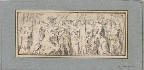 FRENCH, 18th century.Sacrificial procession from Antiquity. Pen and brush in grey, 11.8 x 27.9 cm. Old inscription on the mounting: Col. Steengracht. Provenance: - Kurt Meissner, Zurich.