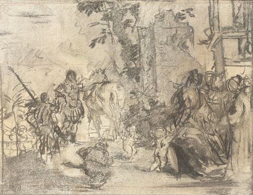 MIXED LOT.-Lot of 3 drawings: 1. Circle of Fragonard, Honoré (1732-1806). Study of a festive group in a park. Red chalk on blue wove paper, traces of white chalk. 30.2 x 46.7 cm. 2. Circle of David, Jacques Louis (1748-1825). Study on the assassination of Caesar (?). Black chalk. 26.5 x 35.2 cm. Inscribed bottom left: David. Verso, study of a warrior. Pencil, brown wash. 3. Spanish, 17th century, Mythological scene. Black chalk. 22.5 x 35.2 cm.