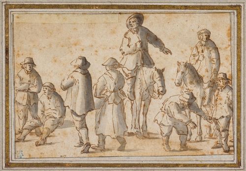 MIXED LOT.-Lot of two drawings: 1. Circle of/Follower of Adriaen van Ostade (1610-1684). Three farmers talking. Pen and brush in brown, 7.8 x 6.1 cm; 2. Dutch, 17th/18th century. Scene with passers-by on foot and on horseback. Brown pen, brush in grey. 11 x 16.6 cm. Old inscription on verso: 47 Lpg. F. hik. Percellsi. - Provenance: from the collection of the Baron Rolas du Rosey (1784-1862), Dresden, Lugt 2237.