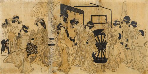 KITAGAWA UTAMARO (1753-1806).Ôban triptych. Procession of beautiful women with a coach. Signed "Utamaro hitsu". Wakayo publisher's seal, Wakasaya Yoichi, Jakurindô. Kiwame seal. Ca.1800. Framed under glass. Colours faded. Mildew and water spots.