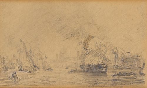 ZIEM, FELIX (Beaune 1821 - 1911 Paris).Lot of 5 studies: 1. View of Venice. Black pencil, 19 x 23.5 cm. Verso with red atelier stamp: Felix Ziem; 2. The Saint Theodore column with Venice in the background. Brown pen, 13.7 x 21 cm. Bottom right inscribed in brown pen: voila....; 3. Venetian canal with ships. Brown pen, 13.5 x 20.6 cm. Red atelier stamp: Felix Ziem. Verso hand-written letter by E. Marcotte; 4. Dusk at the ocean with a mooring ship. Pen and brush in brown, 20 x 29.5 cm. Verso with red atelier stamp: Felix Ziem; 5. Italian landscape with cypresses. Brown pen, 21.2 x 33 cm.