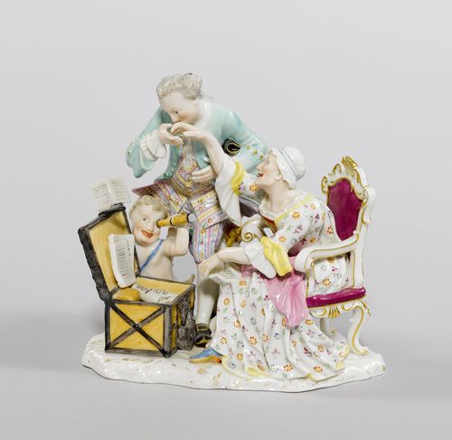 GROUP OF FIGURES "THE MARRIAGE SWINDLER",probably Meissen, mid-19th century. Gentleman kissing the hand of an old lady seated to his left, his eyes directed to a chest full of money, and accompanied by a Bacchant with cloven feet. Underglaze blue sword mark, model number N0. 46 incised. H 15 cm.