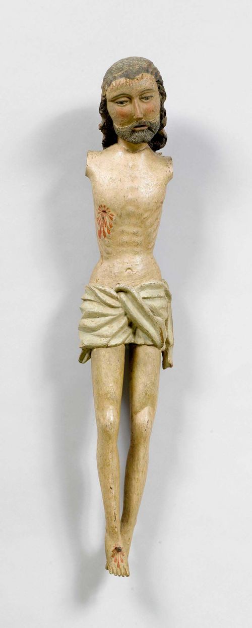 CORPUS CHRISTI, Alpine region, Switzerland, 16th century. Hardwood, carved and painted. H 80 cm. Arms missing, crown of thorns removed.