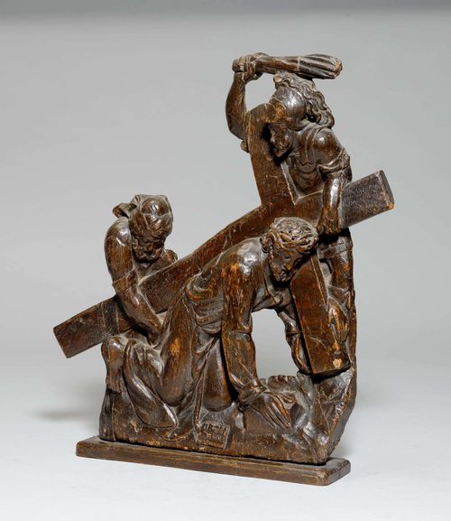 STATION OF THE CROSS, Northern Germany, 17th century. Oak carved in ¾-relief, dark staining. H 50 cm. Mounted on a later wooden stand, alterations.