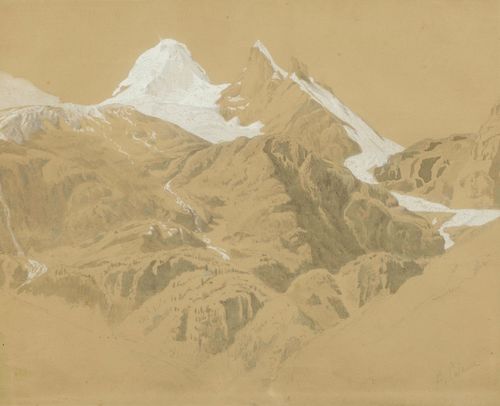 Attributed to CALAME, ALEXANDRE (Vevey 1810 - 1864 Menton). Swiss mountain landscape. Pencil with grey wash, heightened with white. 40 x 50.5 cm. Signed lower right: A. Calame. Old inscription verso in pencil: Tschingelhorn, Ramzelhorn, Tschingeltritt. Framed.