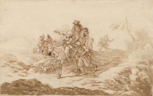 Attributed to CASANOVA, FRANCESCO (London 1727 - 1802 Vorderbrühl /Mödling). Group of travellers approached by a beggar. Pen and brush in brown and grey-brown. 20.6 x 33.5 cm. Black pen outer line. Old attribution verso in pencil: Casanova. Framed. Provenance: - Collection of C.Rolas du Rosey, Dresdem 1862, Lugt 2237
