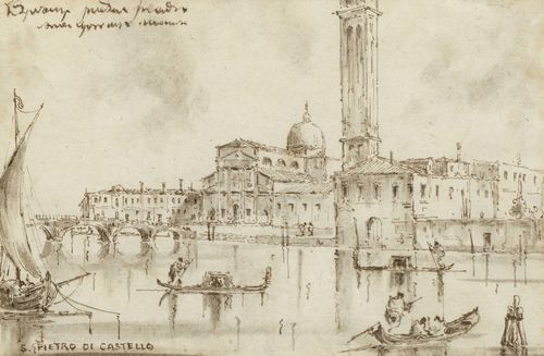 Early 20th century follower of GUARDI, FRANCESCO (1712 Venice 1793), Lot comprising  4 Venetian views. Pen and brush in brown. Various sizes: 13 x 19 cm - 22 x 17 cm. Each inscribed in brown pen. In decorative frames.