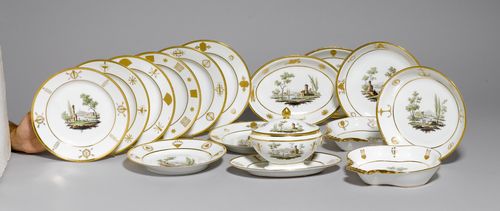 PART OF A "LOUIS XVI" DINING SET,Paris, NAST À PARIS, ca. 1785-1795. Decorated with a landscape in the insular style, and Comprising: 18 plates (22 cm), 1 sauce boat with lid, 2 oval serving platters (24 cm), 2 round serving platters (22 cm), 2 shell-shaped plates (22.5 cm). 'Nast à Paris' stamped in gold and iron-red (25) Provenance: - formerly from a private collection, Basel.