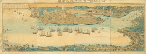 A COLOUR WOODCUT PRINT BY UTAGAWA SADAHIDE (1807-1873). Japan, 70x189 cm, ca. 1865. A complete panoramic view of Yokohama port, "Go-kaiko Yokohama no zenzu". Traces of folding and browned. Eight joined sheets, framed under glass.