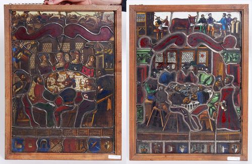 CABINET PANELS,Renaissance-style, Switzerland, 19th century One monogrammed M. With hunting scene and depiction of a butcher and cattle trader. Ca. 41x29 cm. Both framed.
