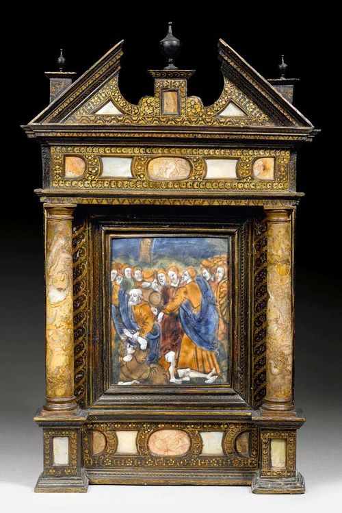 THE CAPTURE OF CHRIST,Limoges, mid 16th century. Follower of Nardon Penicaud. Polychrome enamel painting. 16x13 cm. Restored upper right. Set in a portal-shaped Renaissance frame with broken pediment and freestanding columns. The wood ebonised and painted with friezes in gold and inlaid with mother of pearl and stones. Heavily restored. 44x30 cm.