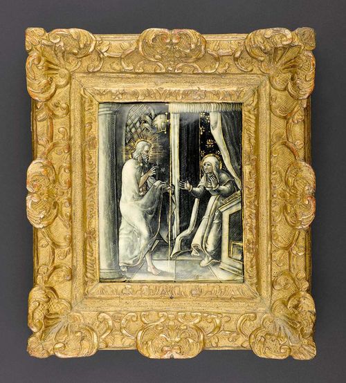 CHRIST RESURRECTED APPEARS BEFORE MARY,Limoges, mid 16th century. Monogrammed verso CN (Colin Nouailher). Painted enamel "en grisaille" with additional gold. 16.5x12.5 cm. Varnished. Set in a carved gilt Baroque frame.