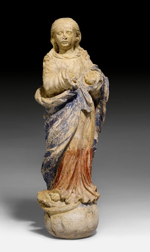 MARIA IMMACULATA, Portugal or Spain, ca. 1720. Carved and painted stone. H 80 cm. Hands missing.
