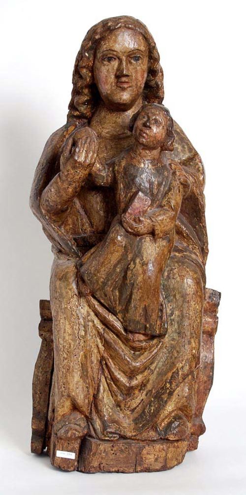 MADONNA AND CHILD ENTHRONED,Romanesque, probably  Wallis, late 13th century. Carved giltwood, with hollow back. H 76 cm. Inscribed PROVIENT DE L'EGLISE DE SEMBRANCHER EN VALAIS (1911).