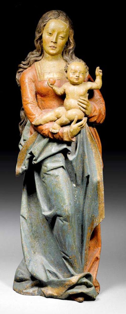 MADONNA AND CHILD,late Gothic , Swabia, 16th century Carved, hollowed and painted linden wood. H 112 cm. The paintwork restored.