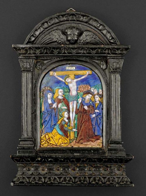 CRUCIFIXION,Limoges 1st half of the 16th century  Probably Nardon Penicaud. Polychrome enamel painting. 11.5x9 cm. Restored. In a later carved frame. 23x16 cm.