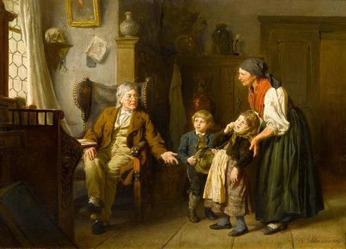 SCHLESINGER, FELIX (1833 Hamburg 1910) Seeing the doctor. Oil on panel. Signed lower right: F. Schlesinger. 38 x 51 cm. Provenance: Private collection, England. Dr. Horst Ludwig has verbally confirmed the authenticity of this work which he has examined in the original.