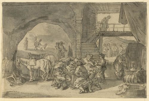 Attributed to MOEYAERT, CLAES NICOLAES CORNELISZ (ca. 1591 Amsterdam 1655). Scene at an inn. Black pen, grey wash. Verso old attribution in pencil: Nic. Moeyart. 15 x 21.8 cm. Framed.
