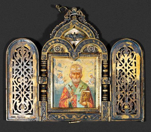 TRIPTYCH,Russia , end of the  19th century Engraved and gilded silver. With a  miniature of Saint Nicholas (miniature rubbed). With hallmarks of Iwan Petrowitch Chlebnikow, St. Petersburg verso. 10.5x6(12.5) cm.