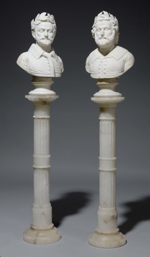 2 BUSTS OF TORQUATO TASSO AND PETRARCA, Italy, 19th century. Signed Andrea Bartozzi Carrara. Marble. On cylindrical pillars with a fluted shaft. H 110 cm. Total height 157 cm.