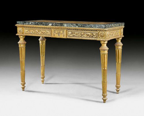 CONSOLE, in the style of Louis XVI, partly of older elements, Genoa. Wood, fluted and richly carved with grape vines, rosettes, garlands and decorative frieze, and gilt. Rectangular &quot;Giallo di Siena&quot; and &quot;Vert de Mer&quot; top. Some restoration required. 135x64x98.5 cm. Provenance: from an Italian collection.