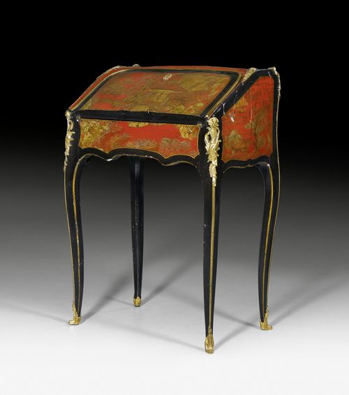 LACQUER LADY'S DESK, in the style of Louis XV, after models by J. DUBOIS (Jacques Dubois, maître 1742) or B. VAN RISENBURGH (Bernard II Van Risenburgh, maître 1735), Paris, end of the 19th century. The wood lacquered all-around in the "goût chinois"; on a red and black ground. Writing surface lined in green, gold-stamped leather. The inside fitted with drawers and compartments. 1 secret compartment. Gilt bronze mounts and sabots. Free-standing. Requires restoration. 64x38x(open 71)x86 cm. Provenance: - from a private collection, Munich.