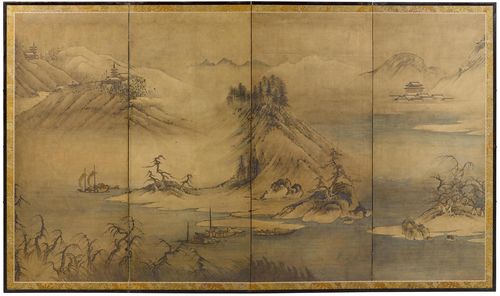 A FOUR-PART SCREEN WITH MOUNTAIN LANDSCAPE. Japan, 18th/19th c. 133x226 cm. Ink and light colour on paper. Slight restoration.