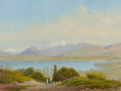 MOTTU, HENRI LUC (1815 Geneva 1859).View of Lake Geneva. Gouache on paper. 16 x 21 cm (visible image). Signed lower right: H.Mottu. Framed.