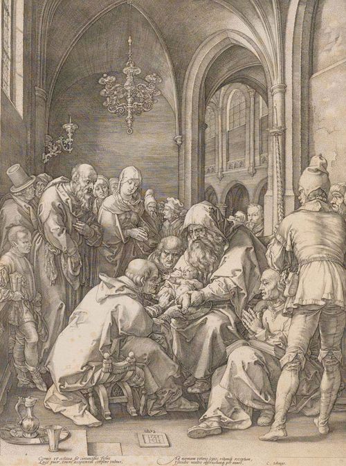 GOLTZIUS, HENDRIK (Muhlbrecht 1558 - 1617 Haarlem).Die Beschneidung, 1594. sheet 4 from the suite: Marienleben (life of Mary). Copper engraving, 46.5 x 35.1 cm. On thick wove paper with watermark: crowned coat of arms with lilye (see Strauss p. 763: Briquet 7210, Amsterdam 1590-99). Bartsch 18; Hirschmann 12; Strauss 322 III (of V). Framed. - Attractive even impression with margin (ca. 0.5 cm to  1.0 cm) around the clearly visible plate edge. Some foxing in parts. Well preserved.
