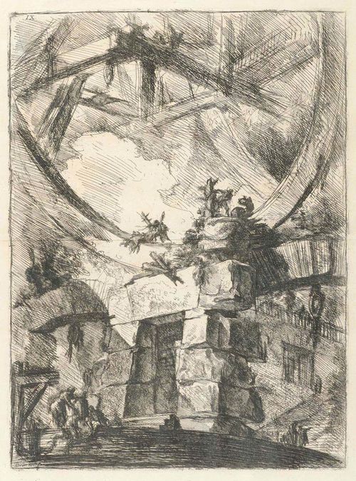 PIRANESI, GIOVANNI BATISTA (Mogliano 1720 - 1778 Rome).Carcere IX , 1761. Etching, 55.5 x 40.5 cm (sheet size 86 x 60 cm). Hind 9 II (of III). Framed. - Very attractive, even, deep black impression. The broad margins with scattered strong foxing. Well preserved.