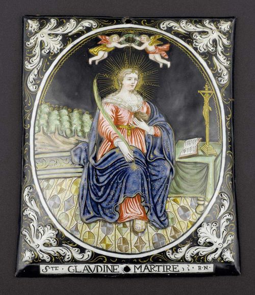 SAINT CLAUDINE,Limoges, beginning of the 18th century Monogrammed BN and inscribed verso BPTE NOUAILHER EMALLIEUR À LIMOGES (Jean Baptiste I Nouailher, 1699-1775). Polychrome enamel painting with gold. The corners with scrolls in relief. Inscribed below STE CLAUDINE MARTIRE. 18x15 cm.