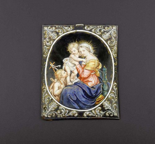 MADONNA AND CHILD WITH JOHN, Limoges, beginning of the 18th century Verso signed "BAPT. NOUAILER À LIMOGES" (Jean-Baptiste I Nouailher, 1699-1775). Polychrome enamel painting. With relief scrolls in the corners. 18.5x15 cm.