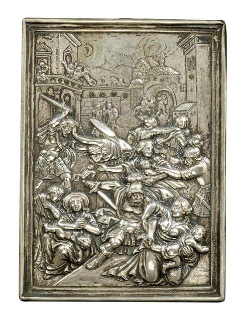 MURDER OF THE INNOCENTS AT BETHLEHEM,South German, probably Augsburg, circa 1600. Embossed silver. 19x14 cm.
