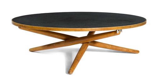JÜRG BALLY (1923), TABLE, model "S.T", designed in 1951 for Wohnhilfe. Ash and black synthetic resin. D 100 cm. H 33-72 cm.