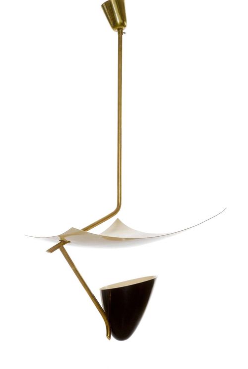 ANGELO LELLI, CHANDELIER, designed in 1954 for Arredoluce. Metal lacquered in black and white. H 89 cm. Restored and re-lacquered.