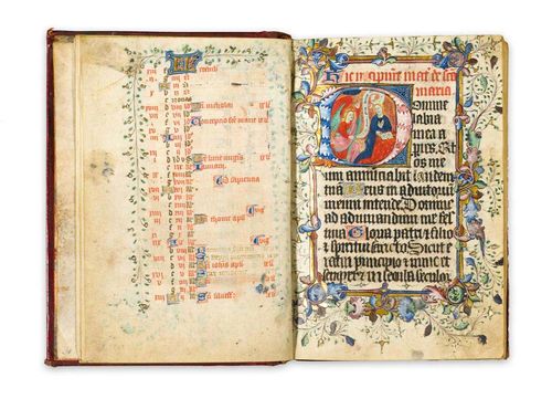 Psaltry with prayers. Latin ms. on vellum, prob. lower Rhine region, last part of 15th cent. [222] ll. 14 lrg., mostly historiated, col. initials heightened in gold w. similarly col. & heightened flor. borders, and num. col. fleuronée-initials, heightened in gold. Prob. English bdg in bordeaux red calf, early 19th cent. w. gt. stamping and green sp. label. 19 x 13.3 cm. (lightly rubbed, corners lightly bumped, vellum lightly rippled w. occ. edge defects, ll. 1 & 2 with some loss of text, some ll. trimmed close, 19th cent. English owner's inscr. on paste downs).  Erroneously labeled 'missale' on spine.